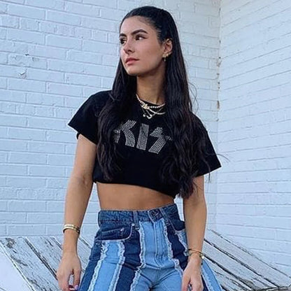 Camiseta de manga corta de verano estilo europeo y americano con parte superior de diamante caliente con letras, camiseta con interior ajustado para mujer
