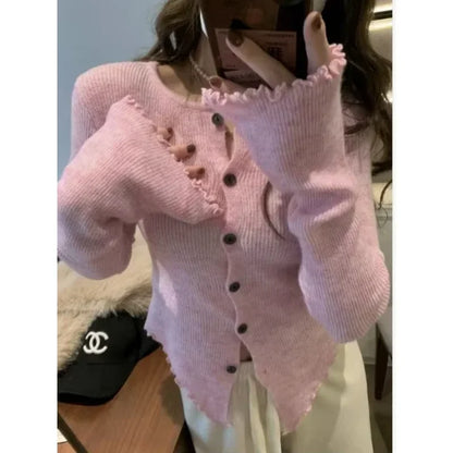 Cárdigan de otoño Hotsweet de manga larga con una sola botonadura para mujer, suéter sexy informal de punto de color liso con cuello redondo