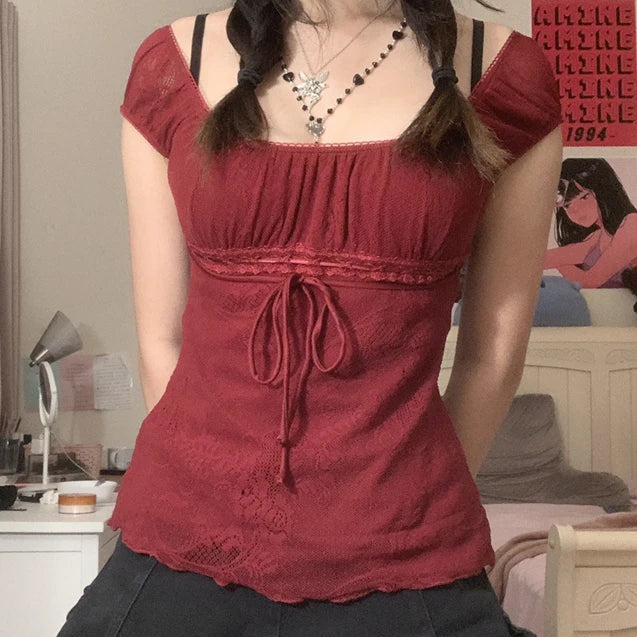 Elegante camiseta de cuello cuadrado para mujer, jersey de manga corta con lazo kawaii, camisetas Y2K vintage de hadas grunge, top corto para mujer, ropa retro