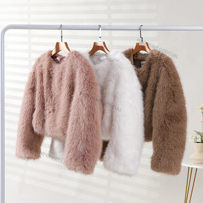 Marca de moda de invierno dulce rosa recortado abrigo de piel sintética para mujer ropa de calle Ins Chic Girls chaqueta de piel de zorro esponjosa para mujer