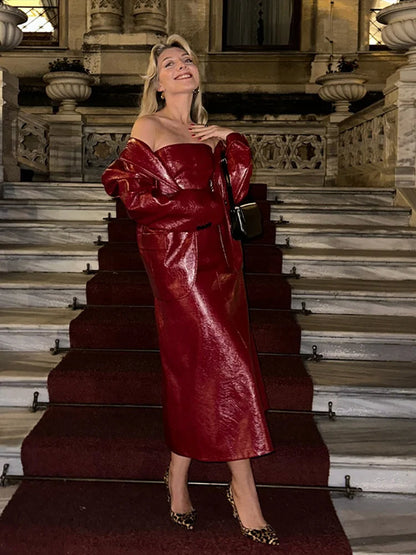 Conjunto de vestido tubo de cuero sintético para mujer, abrigo y traje, estilo vintage, liso, ajustado, largo, con solapa y chaqueta, elegantes conjuntos de calle.
