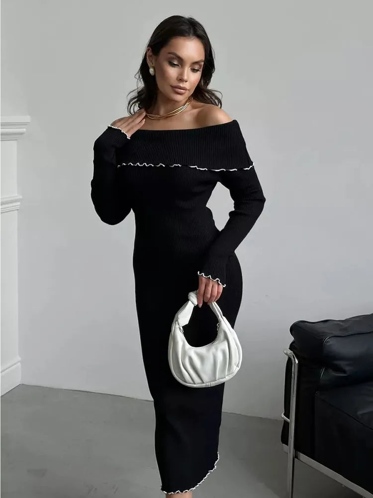 Fall Winter Sexy One-Shoulder Long Knit Dress Slim Elegant Fungus Splice Contrast Color Sweater Female Club Party Dresses