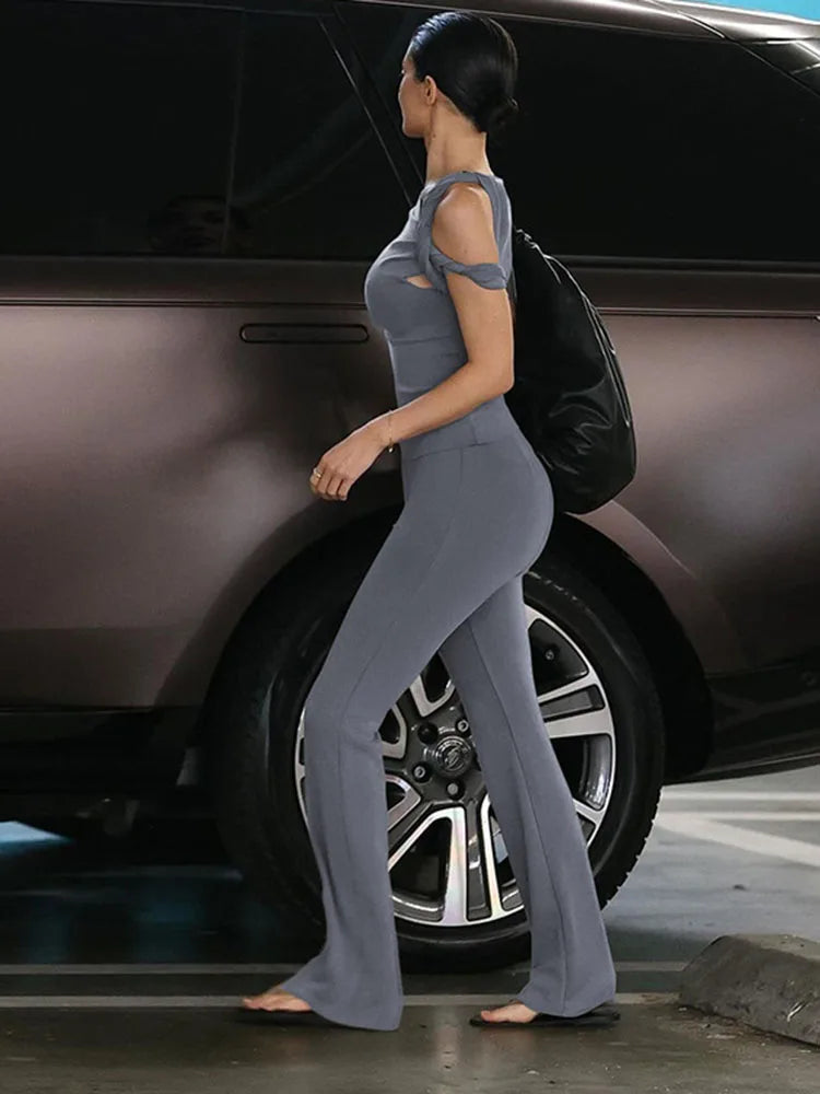 Fashion One Shoulder Backless Pants Suit Summer Solid Color Casual Slim Elegant Pants Suit Women’s Pants Suit 2-piece Set