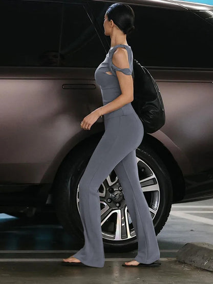 Fashion One Shoulder Backless Pants Suit Summer Solid Color Casual Slim Elegant Pants Suit Women’s Pants Suit 2-piece Set