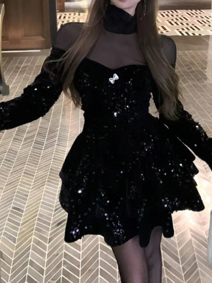 Vestido elegante informal de corte A para mujer, color negro, estilo vintage de terciopelo, a la moda, para fiestas, noches y Navidad