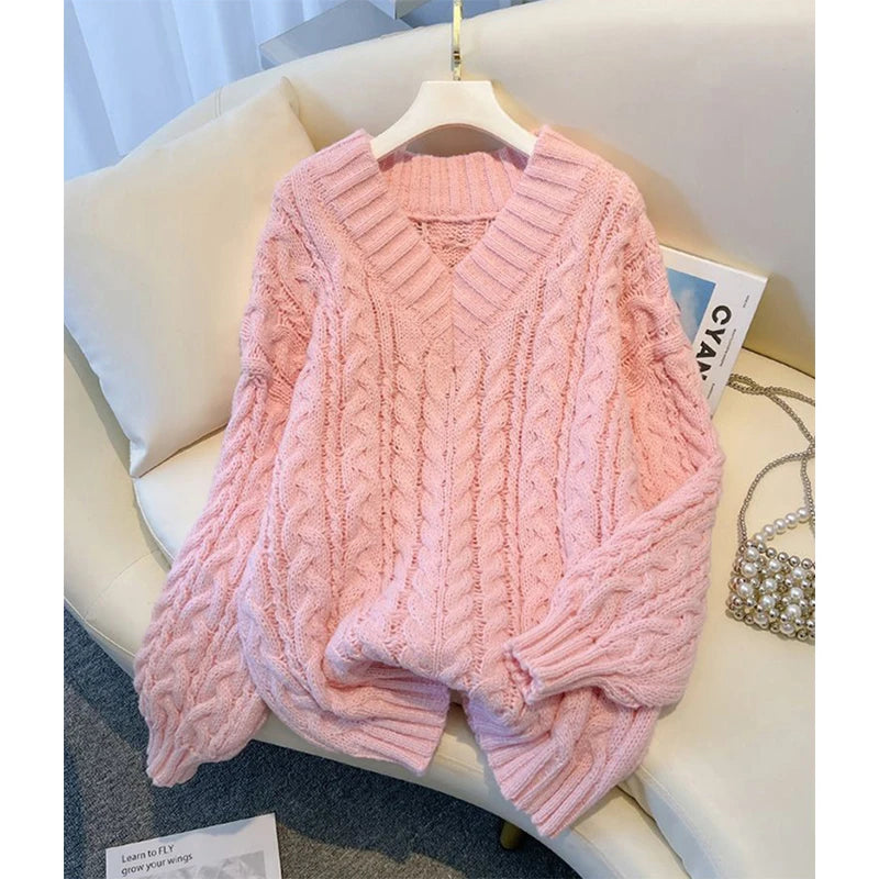 Suéter Harajuku para mujer, moda de gran tamaño, rosa, cuello en V, suéteres de punto coreanos de manga larga, suéteres casuales de invierno