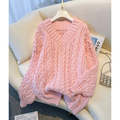 Suéter Harajuku para mujer, moda de gran tamaño, rosa, cuello en V, suéteres de punto coreanos de manga larga, suéteres casuales de invierno