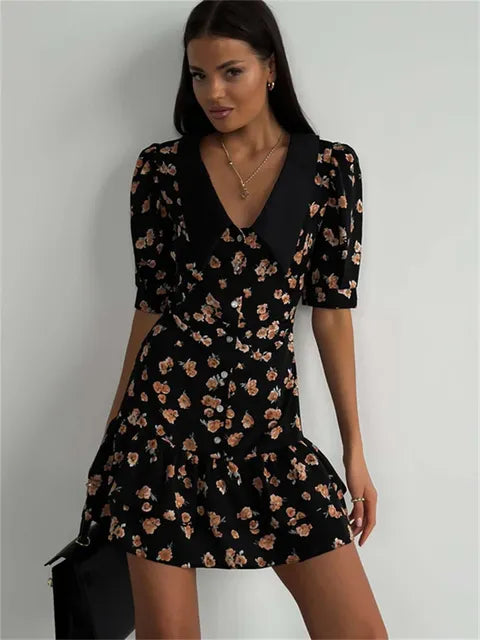 Vestido mini estampado con volantes y escote en V para mujer, manga corta, moda, ajustado, cintura alta, elegante, vestido de fiesta de verano para mujer, nuevo