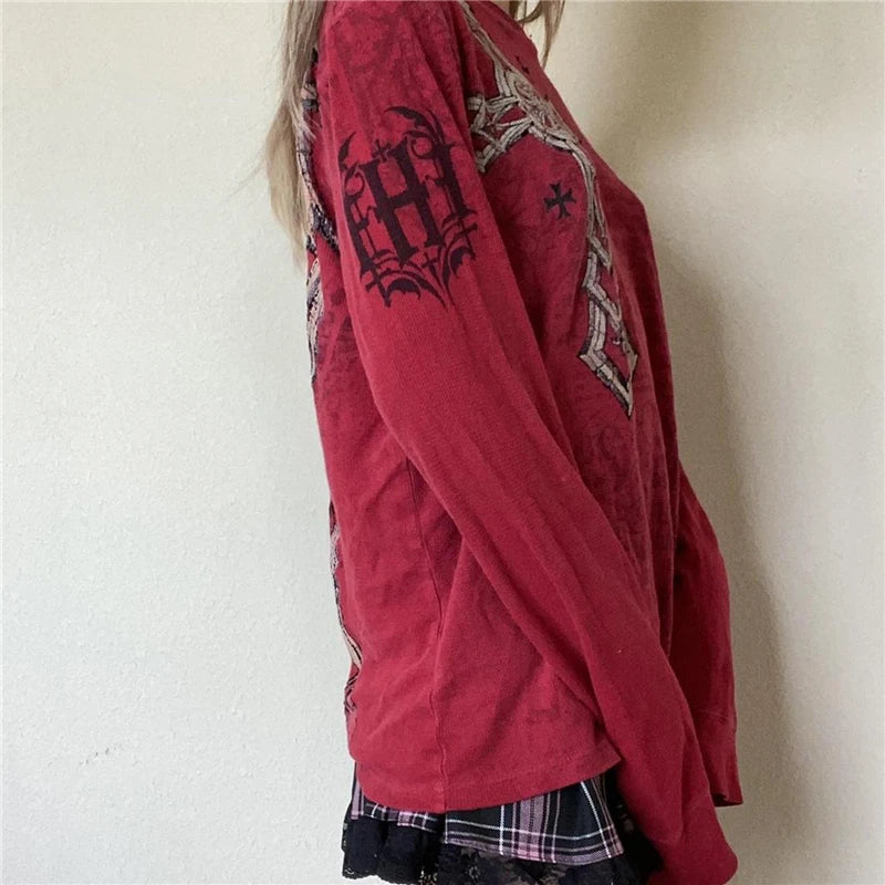 Camiseta de manga larga con cuello redondo y estampado gráfico gótico de Fairy Grunge Y2K para mujer, ropa emo de los años 2000, ropa urbana
