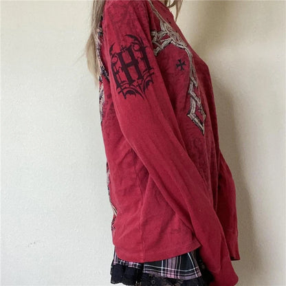 Camiseta de manga larga con cuello redondo y estampado gráfico gótico de Fairy Grunge Y2K para mujer, ropa emo de los años 2000, ropa urbana