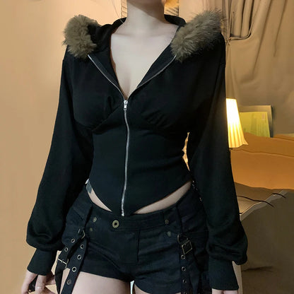 Y2K Fur Trim Hoodie Cardigan Women Basic Black Slim Cropped Jacket 90s Vintage Winter Zipper Coat Harajuku Streetwear