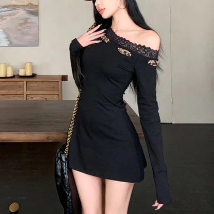 Vestido sexy para mujer Y2K, ropa con estampado de leopardo, ribete de encaje, hombros descubiertos, manga larga, corte A, minivestido de fiesta, ropa de club.