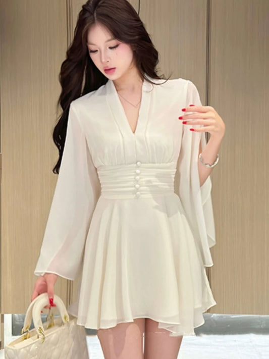 Elegante vestido corto de gasa lisa para mujer, escote en V, manga larga, cintura alta, volantes, corte en A, moda coreana, vestido de una pieza, nuevo