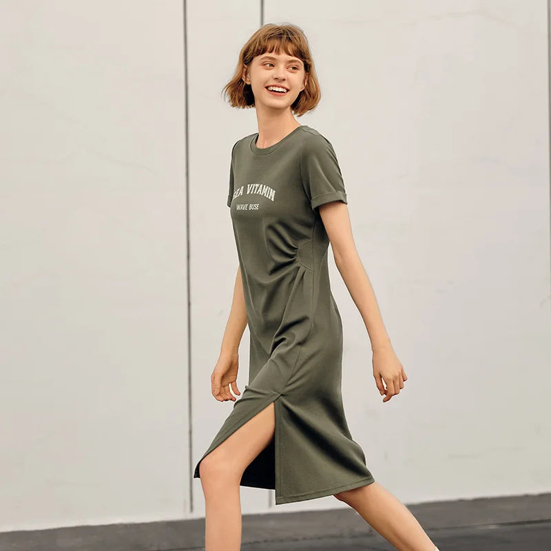 Dress Women Vintage Casual Midi Dress  Summer New Letter Print Split T-Shirt Dress