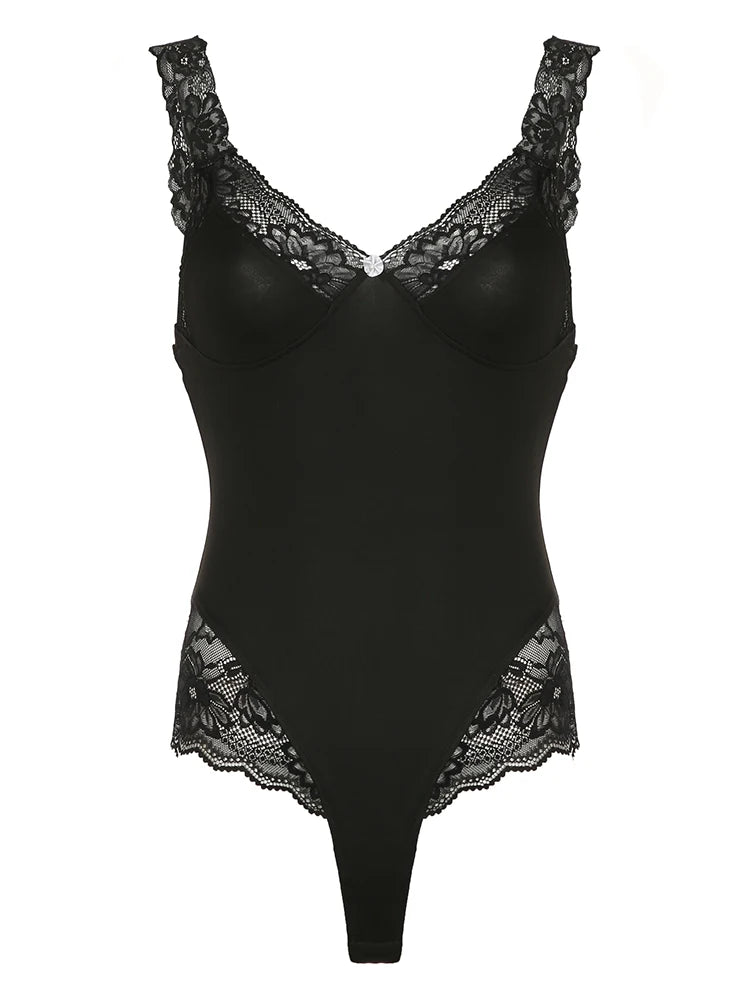 Body negro sin mangas con escote en V, ajustado y sexy, con retazos de encaje para mujer, elegante camisola tipo rave