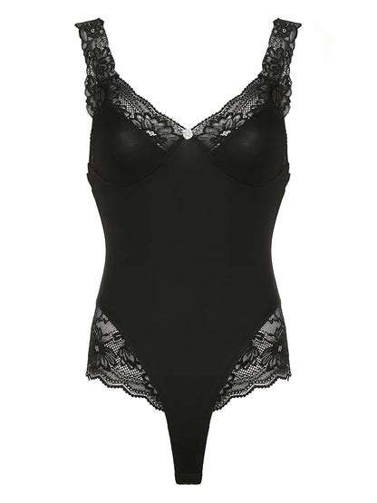 Body negro sin mangas con escote en V, ajustado y sexy, con retazos de encaje para mujer, elegante camisola tipo rave