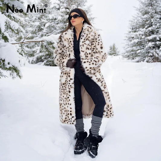 Luxury Maxi Long Leopard Belted Faux Fur Coat Women Winter  Brand Fashion Mob Wife Vibe Fox Fur Jacket Overcoat