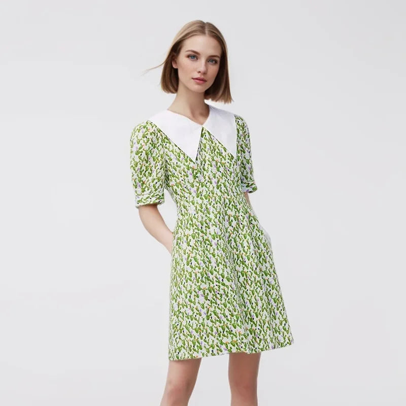 Dress Women Contrast Color Big Lapel Summer New Full Print Waist Textured Skirt Fresh For Women