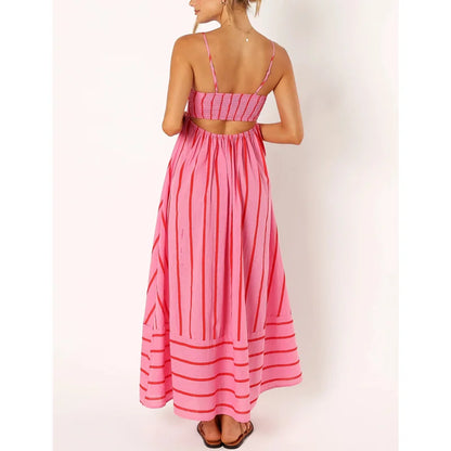 Vacation Dresses  Summer Women Striped Spaghetti Strap Sleeveless High Waist A Line Long Dresses Party Clubwear