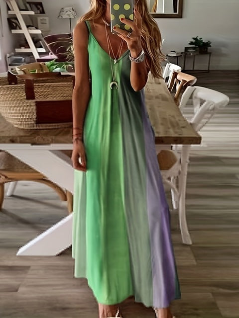 Vestidos de tirantes finos con estampado de degradado de color para mujer, moda de verano, cuello en V, estilo de vacaciones de playa, vestidos largos de línea A para mujer