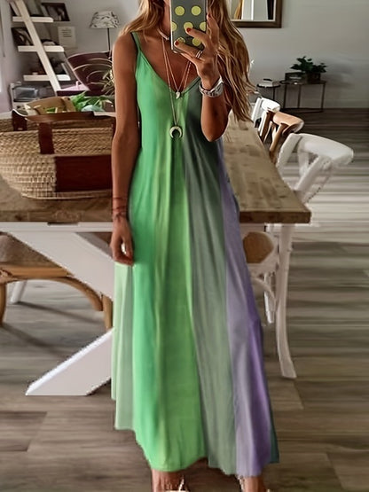 Vestidos de tirantes finos con estampado de degradado de color para mujer, moda de verano, cuello en V, estilo de vacaciones de playa, vestidos largos de línea A para mujer