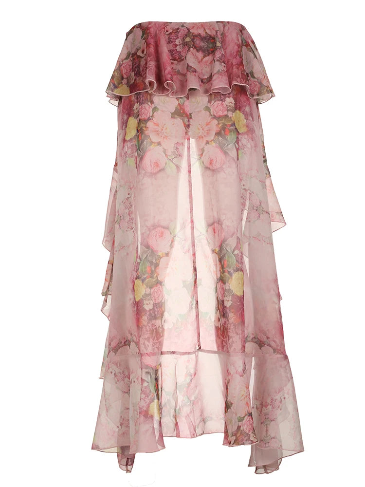 Falda playera bohemia de gasa con volantes y estampado floral para mujer, asimétrica, con dobladillo inclinado, rosa, romántica, elegante y sexy para vacaciones.
