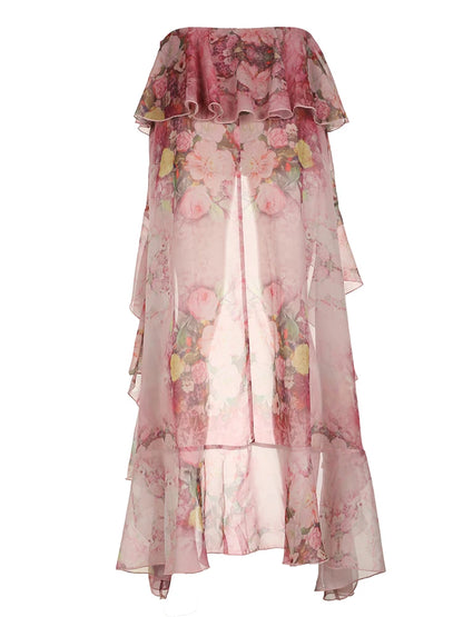 Falda playera bohemia de gasa con volantes y estampado floral para mujer, asimétrica, con dobladillo inclinado, rosa, romántica, elegante y sexy para vacaciones.