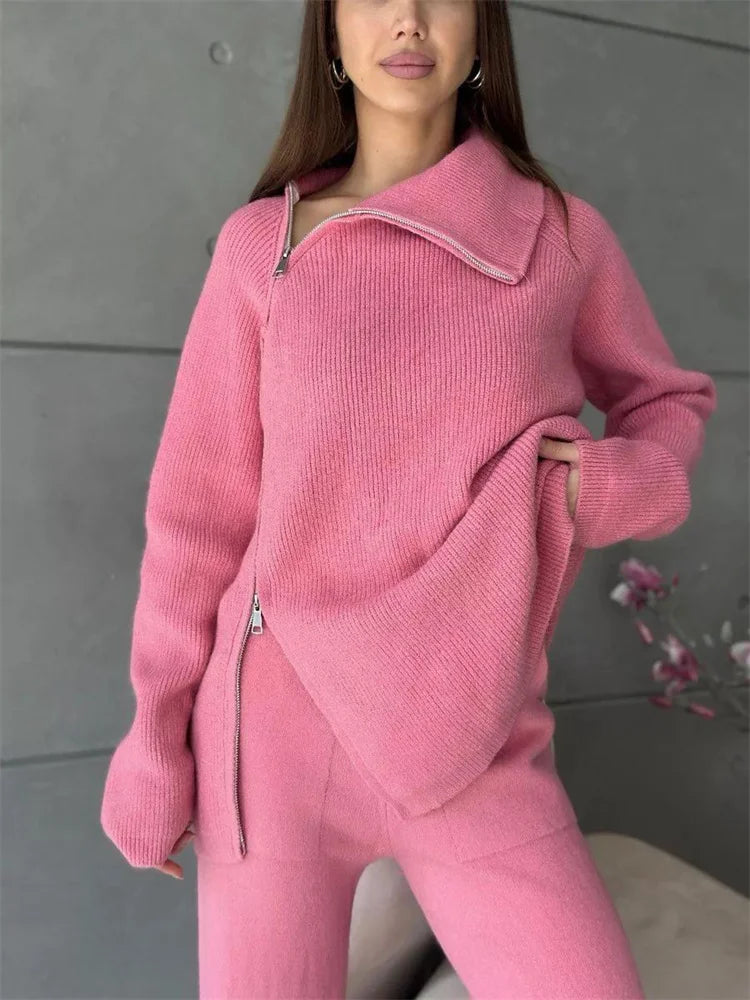 Conjunto de pantalón de punto con cremallera para mujer, jersey de manga larga con solapa entallada y pierna recta de patchwork, conjunto de 2 piezas para invierno