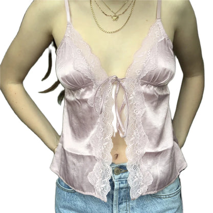 Camisola de encaje de verano para mujer, top beige rosa sin mangas con cuello en V, top ajustado, top corto dulce y sexy a la moda