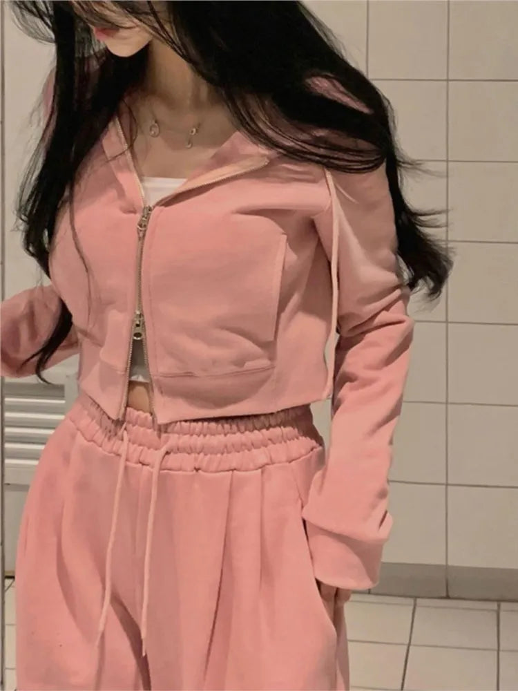 Conjunto de dos piezas de ropa de calle coreana para mujer, chándal de otoño, top corto con capucha y cremallera, pantalones largos, conjuntos casuales lisos.