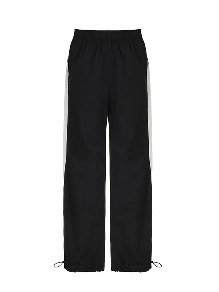 American Retro Casual Straight Leg Track Pants Women Side Contrast Patchwork Elastic Waist Hippie Jogging Trousers