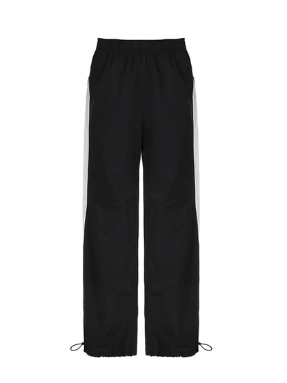 American Retro Casual Straight Leg Track Pants Women Side Contrast Patchwork Elastic Waist Hippie Jogging Trousers
