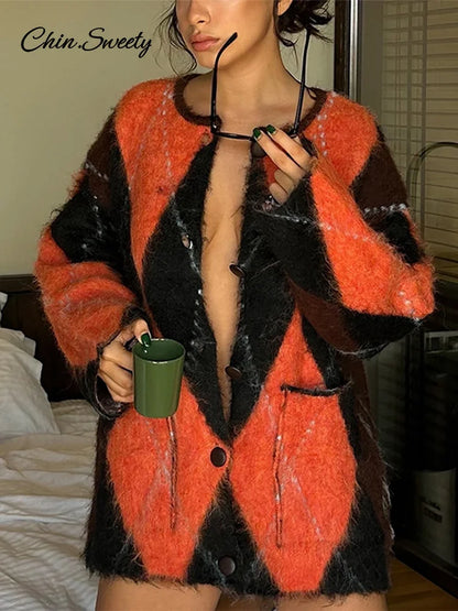 Suéter de punto de mohair con cuello redondo y contraste de colores para mujer, estampado geométrico, manga larga, holgado, de un solo pecho, prenda de punto para mujer, top que combina con todo