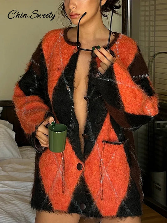 Suéter de punto de mohair con cuello redondo y contraste de colores para mujer, estampado geométrico, manga larga, holgado, de un solo pecho, prenda de punto para mujer, top que combina con todo