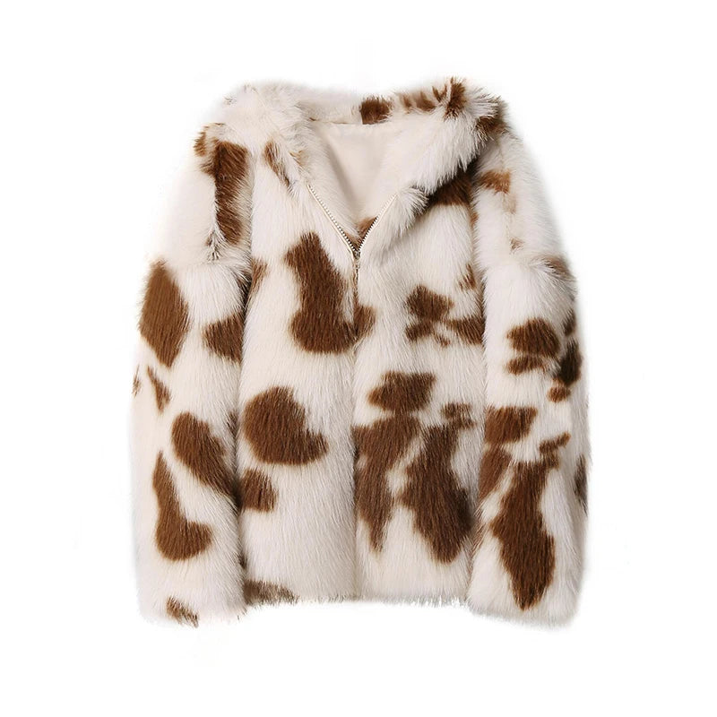 Abrigo de piel sintética de leopardo de gran tamaño para mujer, chaqueta gruesa de piel de zorro con capucha, estilo Harajuku Y2k, para invierno
