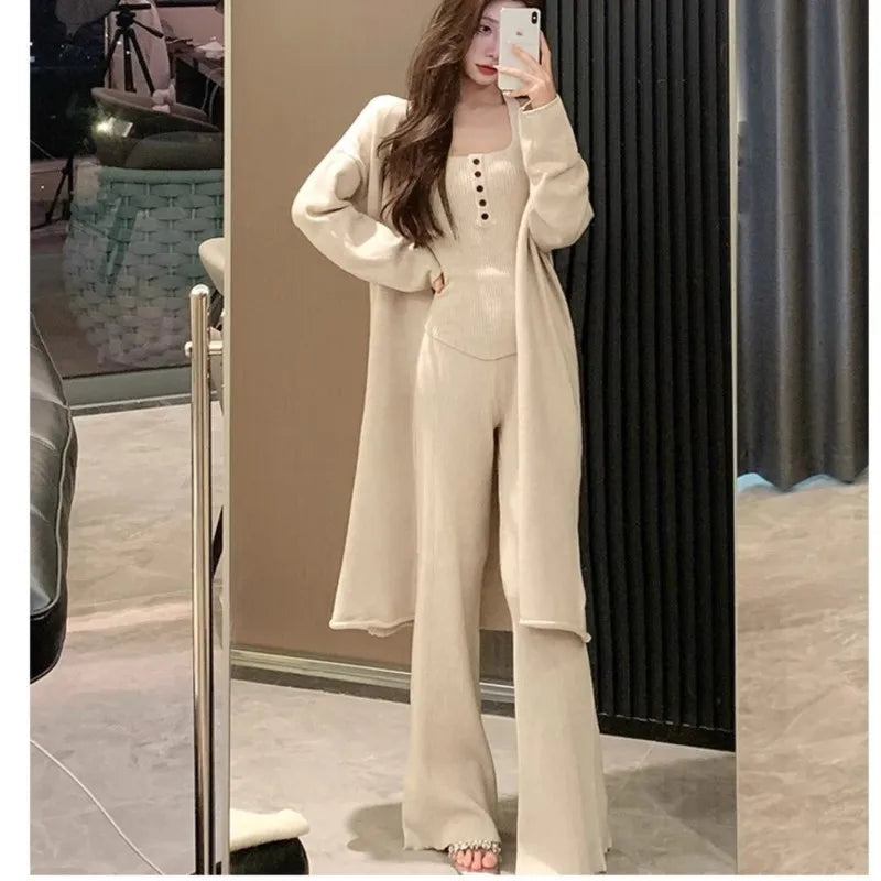 Conjunto de 3 piezas de punto para mujer, chaleco con cuello halter, cárdigan largo, pantalones largos, ropa informal lisa de moda coreana, otoño e invierno, nuevo