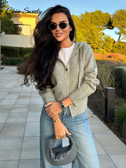 Casual Hooded Cardigans Women Gray Long Sleeve Soft Zipper Ribbed Sweater Female 2025 Spring Fashion Simple Slim-fit Top New