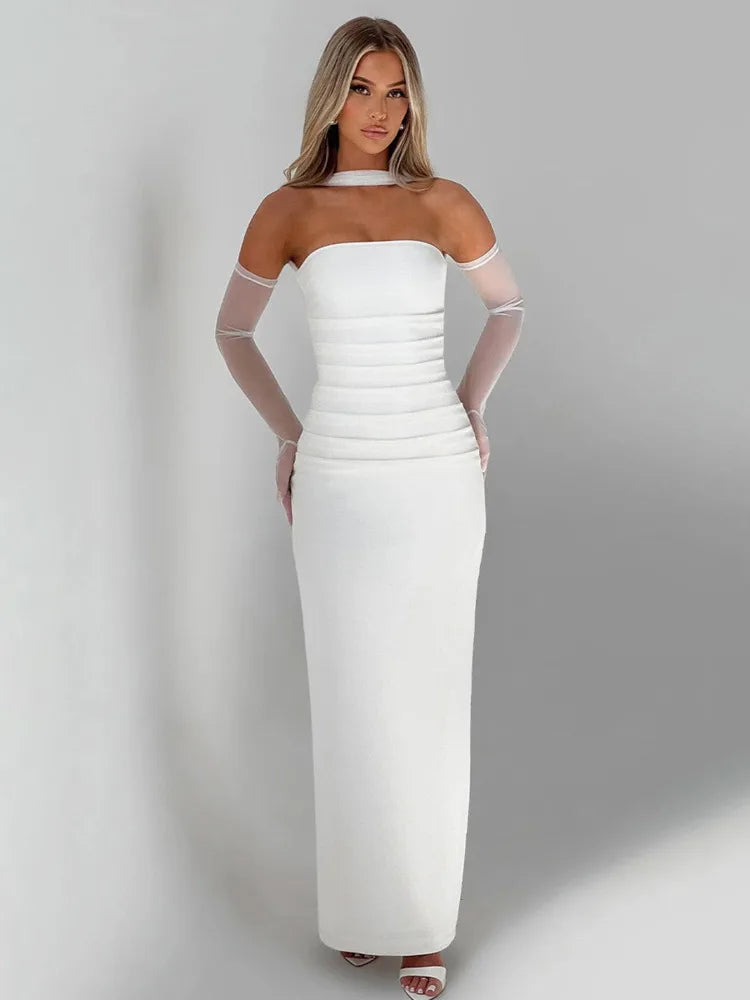 Vestido largo sexy sin tirantes y espalda descubierta para mujer, color burdeos, con mangas de malla y hombros descubiertos, ajustado, para fiesta de noche y club.