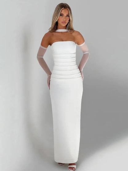 Vestido largo sexy sin tirantes y espalda descubierta para mujer, color burdeos, con mangas de malla y hombros descubiertos, ajustado, para fiesta de noche y club.