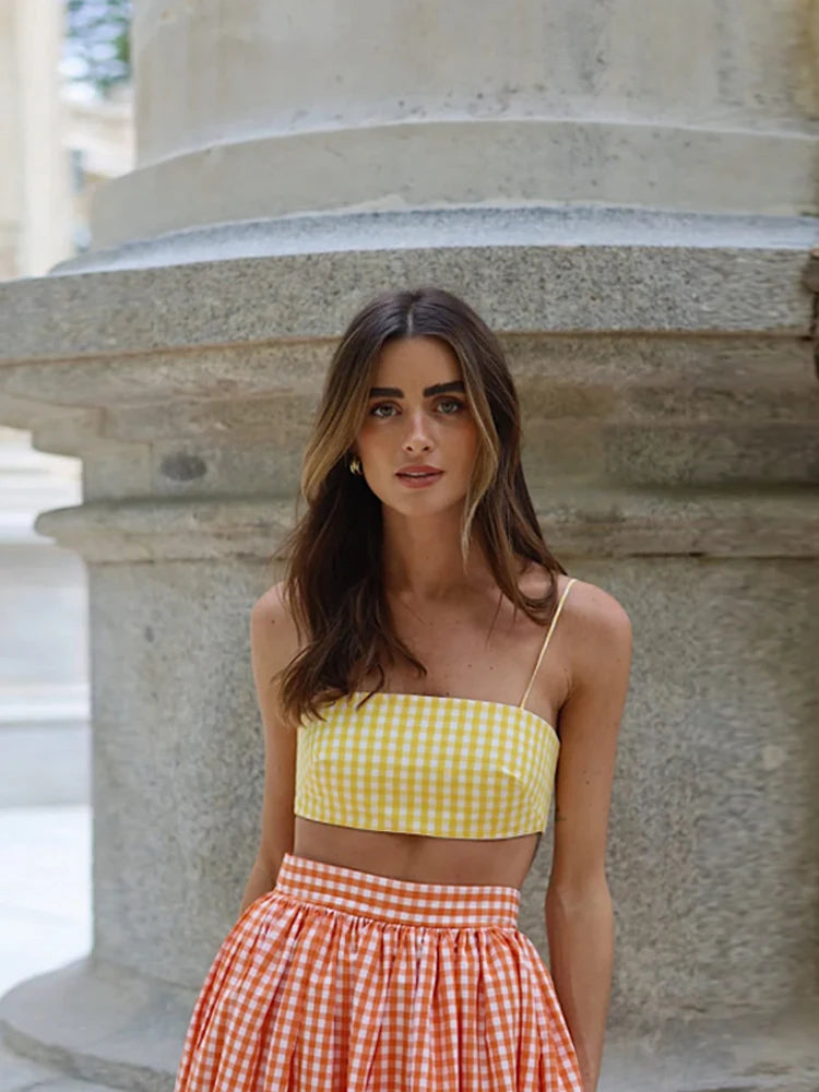 Conjunto de falda larga y camisa de tubo sexy para mujer, camisetas cortas sin mangas retro, conjuntos de faldas plisadas de cintura alta, para vacaciones en la playa