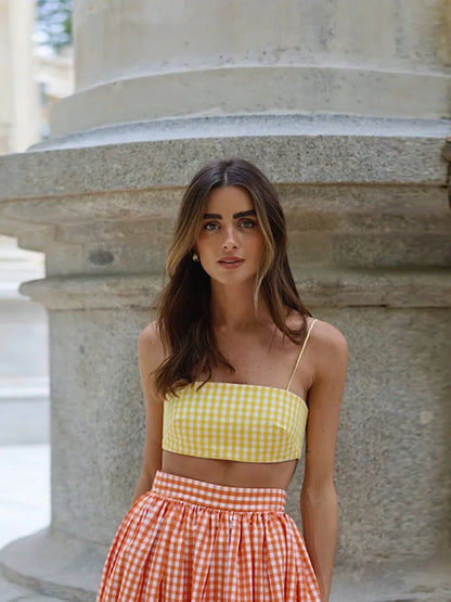Conjunto de falda larga y camisa de tubo sexy para mujer, camisetas cortas sin mangas retro, conjuntos de faldas plisadas de cintura alta, para vacaciones en la playa