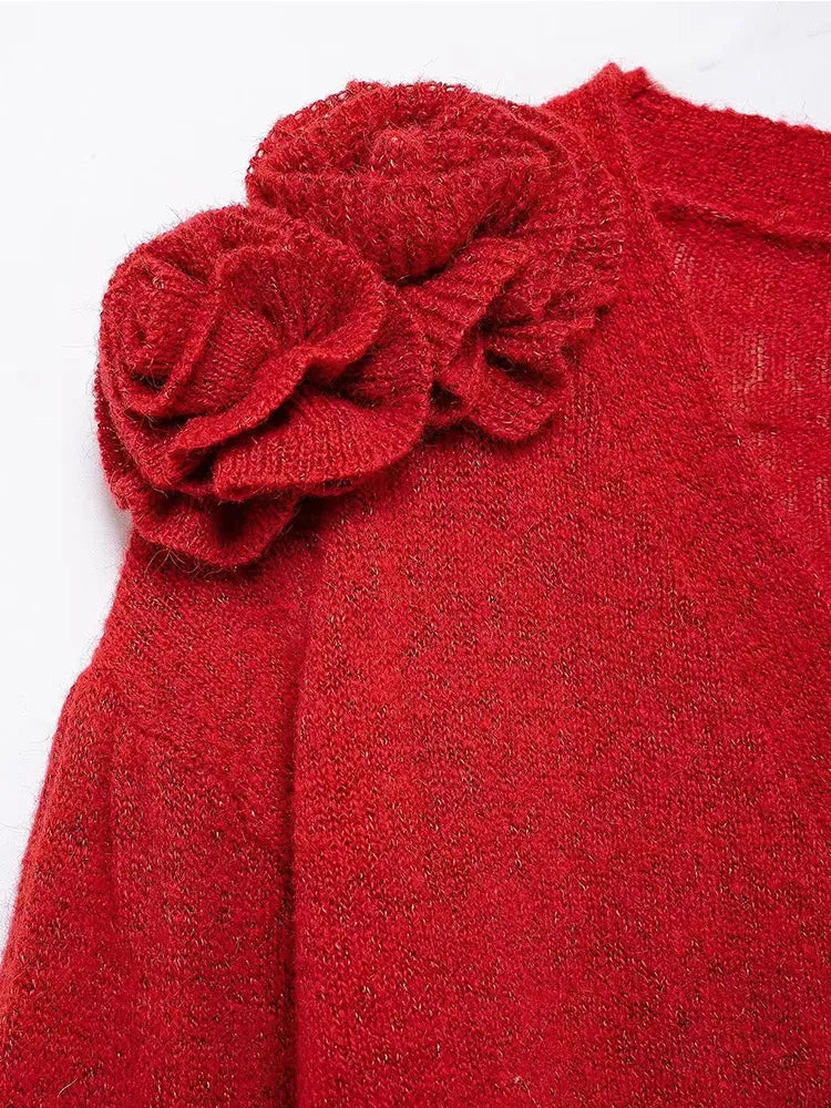 Vintage Knitted 3D Flowers Cardigan Women Retro Solid V-neck Slim Long Sleeve Short Sweaters Female Spring Chic Street Knitwear
