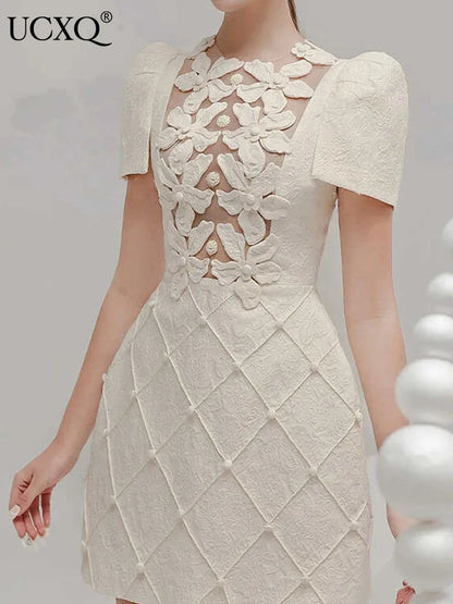 Elegante vestido corto estilo europeo con estampado floral 3D, cuello redondo, cuentas huecas, moda para mujer, primavera-verano 2025, 1346