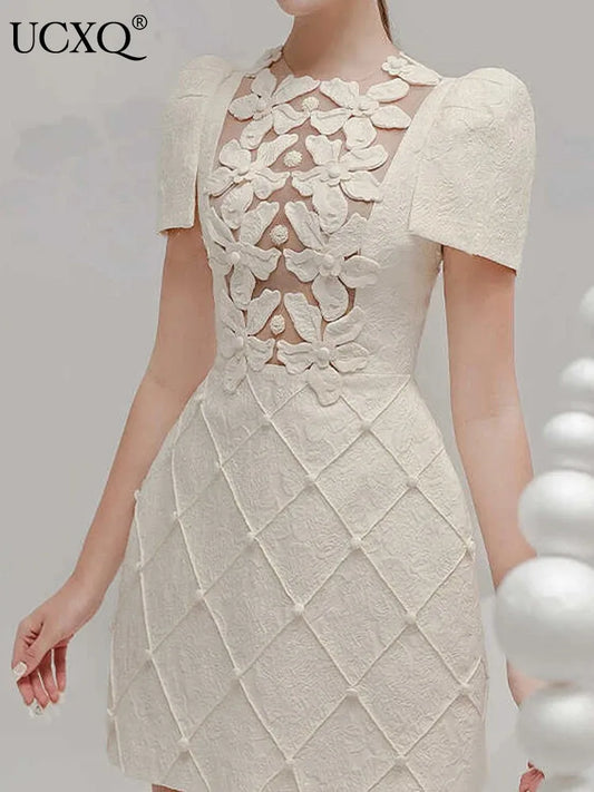 Elegante vestido corto estilo europeo con estampado floral 3D, cuello redondo, cuentas huecas, moda para mujer, primavera-verano 2025, 1346