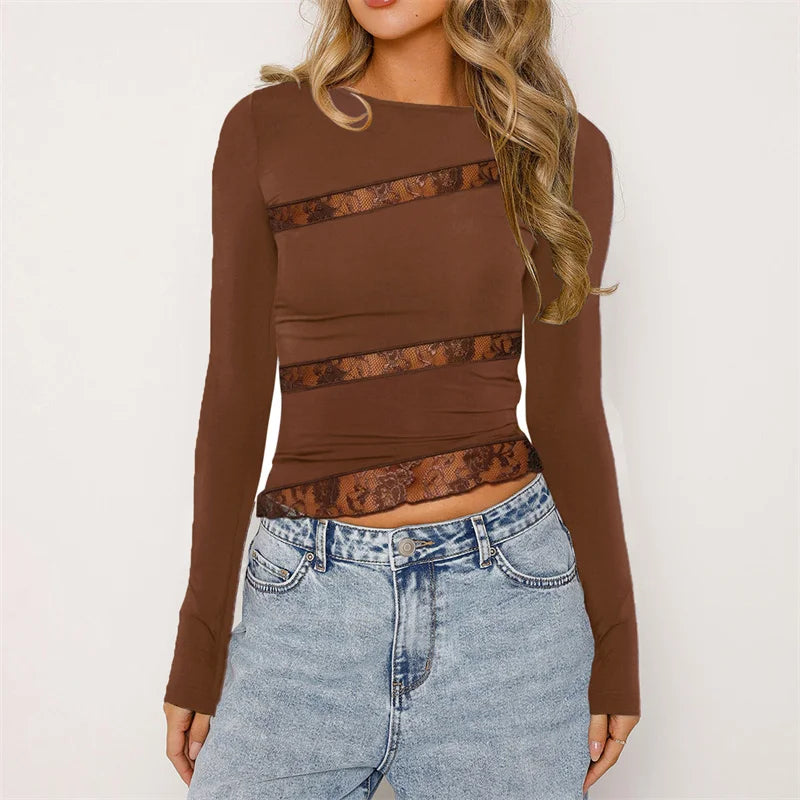 y2k Long Sleeve Tops 2000s Clothes Women See Through Lace Patchwork Round Neck Irregular Hem T Shirt Aesthetic Clothing