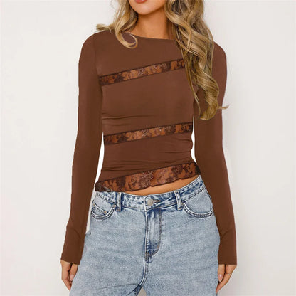 y2k Long Sleeve Tops 2000s Clothes Women See Through Lace Patchwork Round Neck Irregular Hem T Shirt Aesthetic Clothing