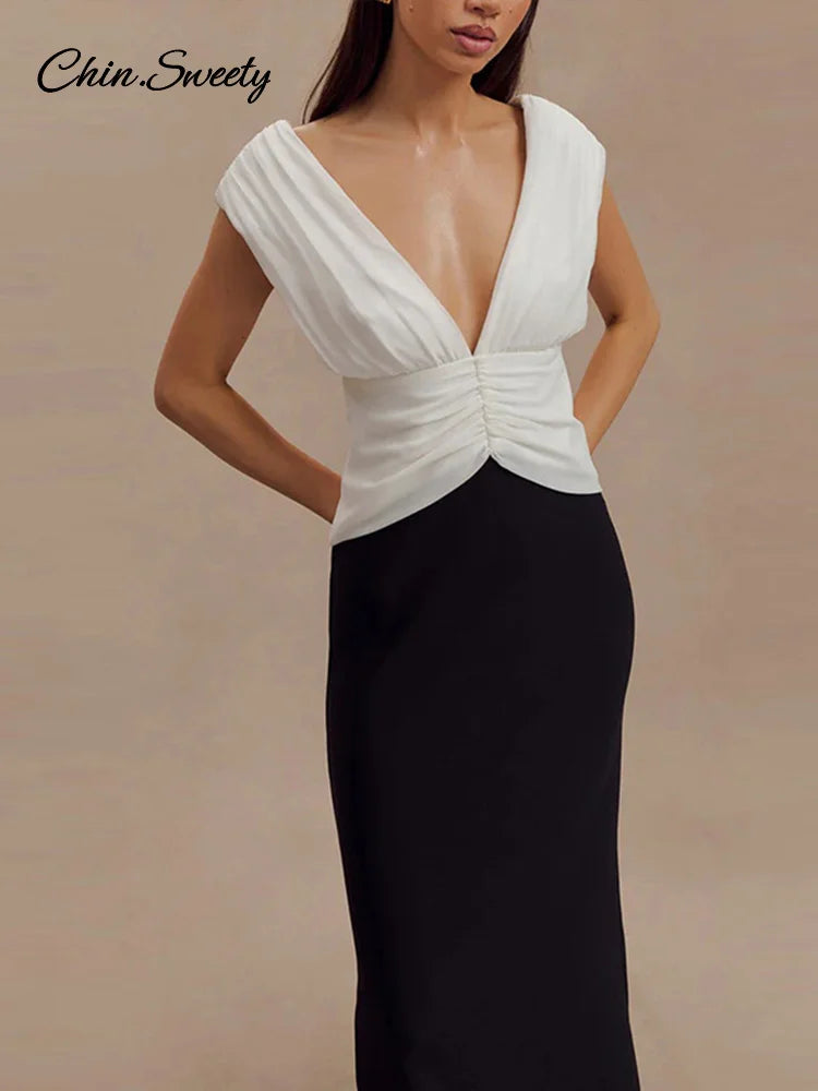 Vestido elegante sin mangas con escote en V profundo y patchwork para mujer, vestido plisado sin espalda, ajustado, para fiesta de verano 2025, para mujer, de noche.