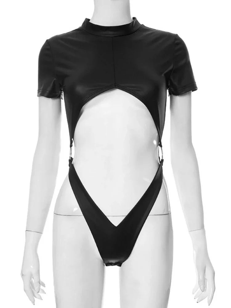 Body sexy de PU, lencería negra, top para mujer, atuendo rave, cuerpo femenino de manga corta, ahuecado, de una pieza, lencería sexy para mujer