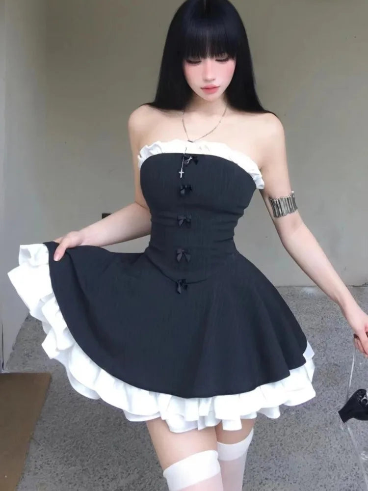Vestido de fiesta de cumpleaños Y2K sin tirantes con retazos y volantes, corte A, corto, para mujer, vestido de baile francés de una pieza
