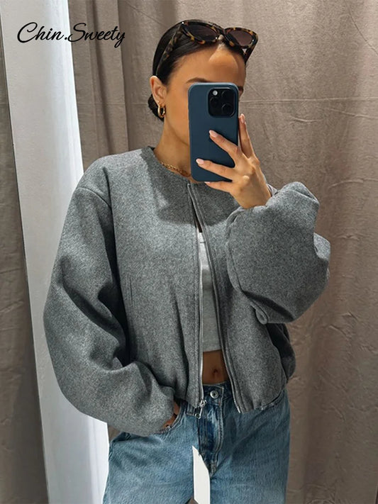 Chaqueta bomber retro de lana lisa para mujer, con mangas largas tipo farol, bolsillos y cuello redondo, holgada, para otoño